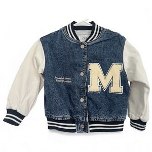 Zara Kids Denim Button Up Long Sleeve Unisex Varsity Fashion Jacket M Patch 6-7